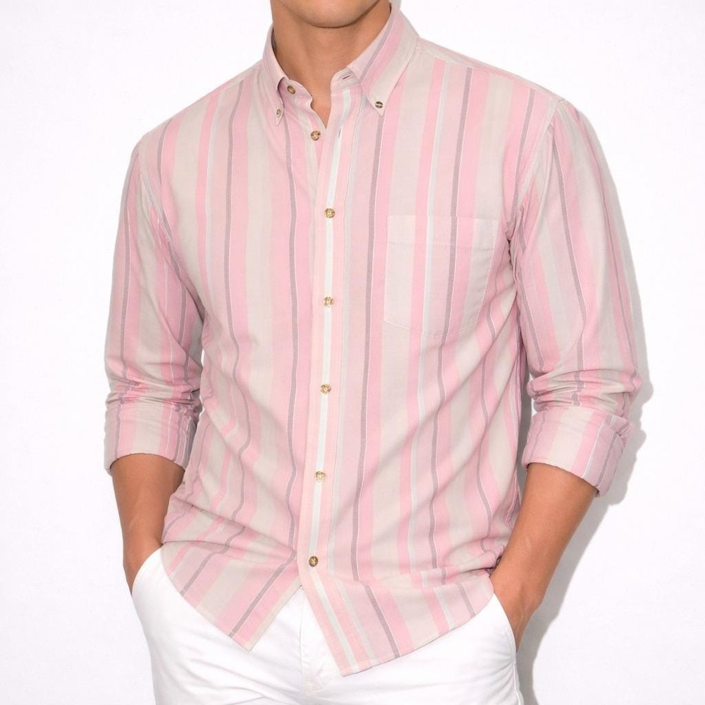 80s Vintage Rose Pink Vertical Striped Mens Shirt Size M Pastel Gray Button Down